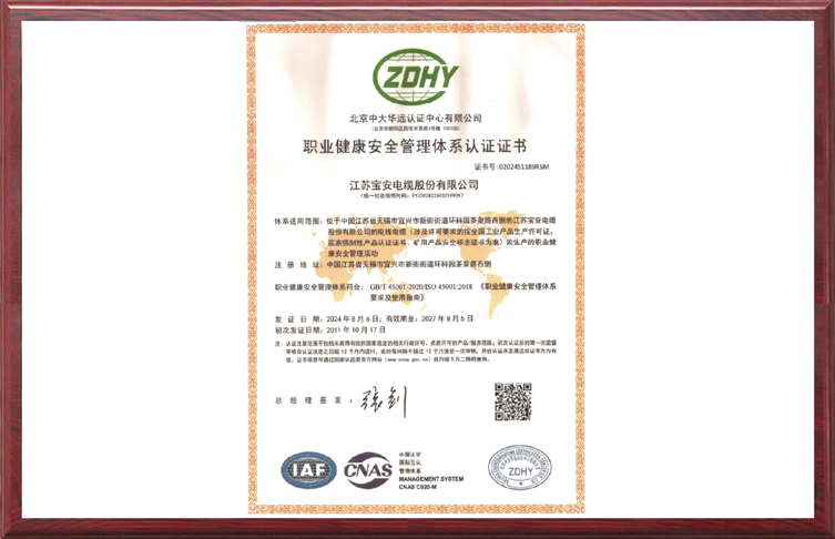 職業(yè)健康安全管理體系認(rèn)證證書